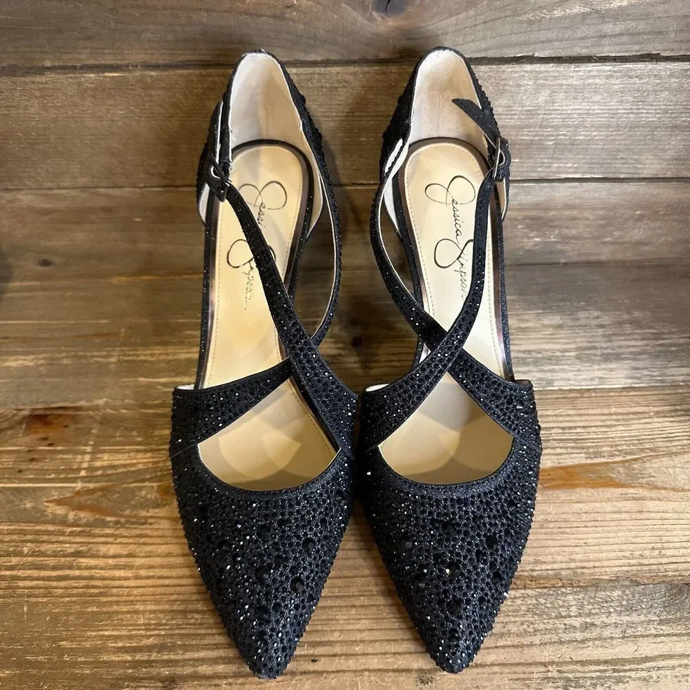 NIB Womens Jessica Simpson Accile Black Micro Flash‎ Rhinestone Heels Size 8.5 M